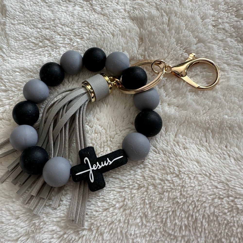 Wristlet Keychain Jesus Cross Tassel Black & Gray Beaded Keychain Bracelet NWT